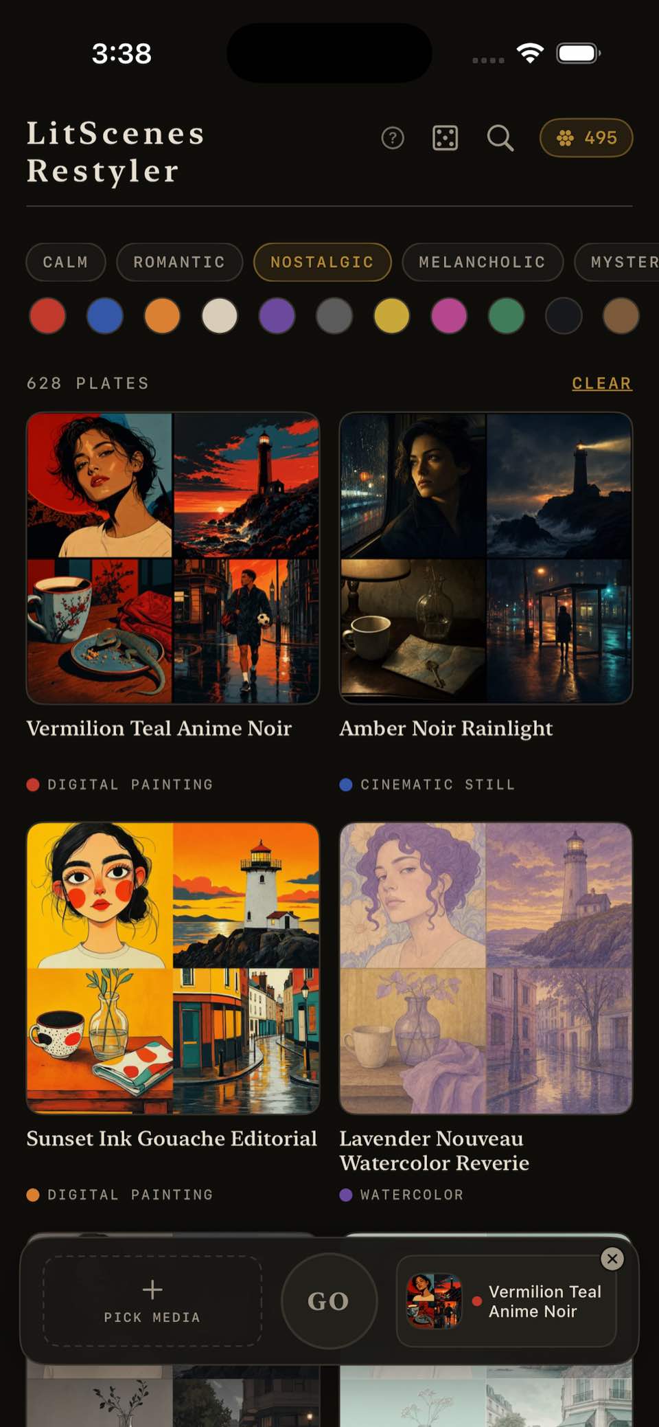 The LitScenes iPhone style library with filters above a grid of style plates.