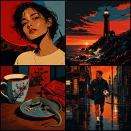 Four vermilion-and-teal illustrated scenes: a woman, lighthouse, gecko still life, and footballer on a rain-lit street.