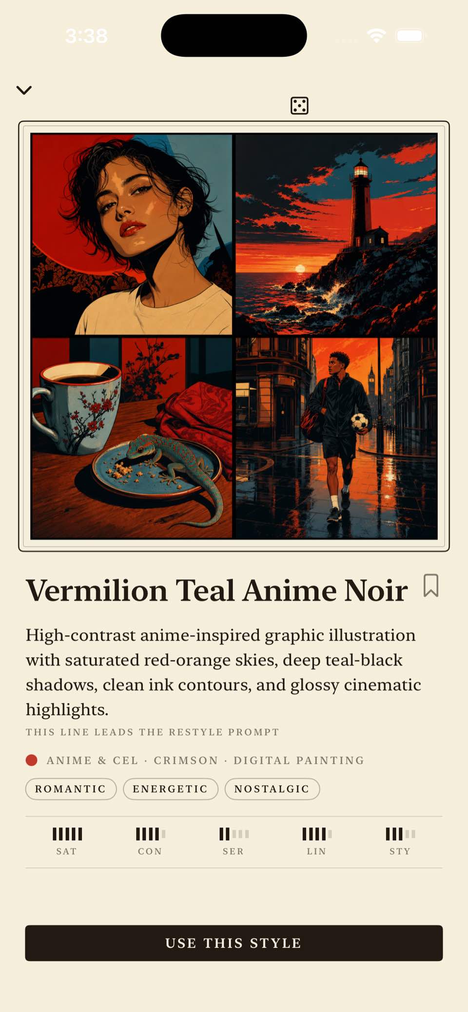 A LitScenes style plate with four examples, description, collection, medium, and mood tags.