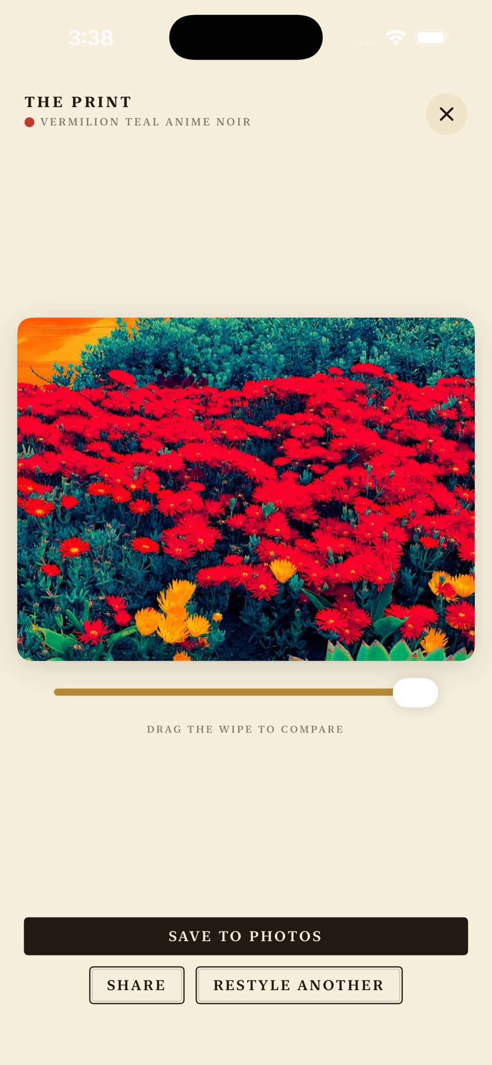 A restyled photo with a wipe control comparing it to the original.